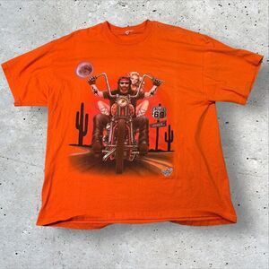 Vtg Johnny’s Route 69 Biker Pinup T-Shirt Orange Sz XL Motorcycle Chopper Moon